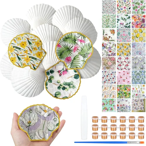Miniatura 7 de Halloscume Juego de 12 Conchas de Vieira para Manualidades de 4''-5'' Conchas Grandes Naturales Blancas con 24 Piezas de Servilletas de Papel