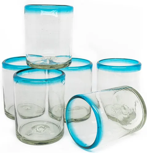 Miniatura 5 de Juego de 6 vasos soplados a mano (10 onzas) de México con borde Aquamarina – Cristalería de vidrio de burbuja reciclado, rústico y hecho a mano