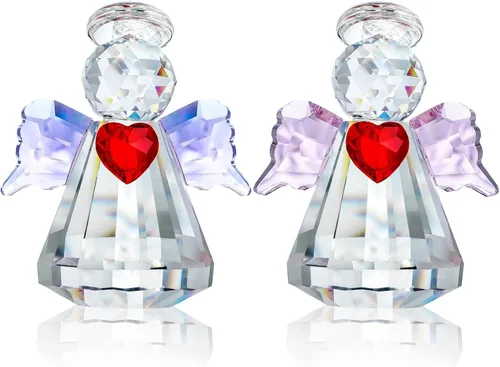 HDCRYSTALGIFTS Juego de 2 figuras coleccionables de ángel guardián de cristal, adornos de ángel de cristal de 2.5 pulgadas para Navidad, Acción de