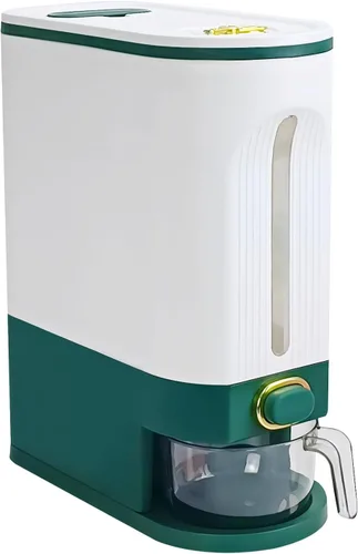 LUOKER Dispensador de arroz, almacenamiento de arroz de 25 libras con taza medidora, recipiente de arroz blanco y verde con un solo toque,