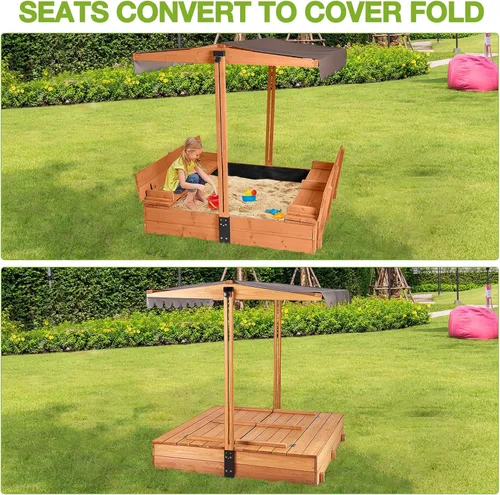 Miniatura 8 de GUTINNEEN Caja de arena de madera con toldo ajustable, caja de arena para niños al aire libre con bancos plegables, forro de arena, techo retráctil
