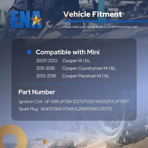 Miniatura 7 de ENA Paquete de bobinas de encendido y bujías de platino iridio compatibles con Mini Cooper Countryman Paceman 2004 2005 2006 2007 2008 2009 repuesto
