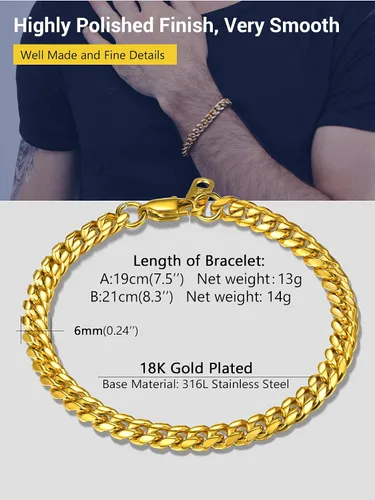 Miniatura 4 de PROSTEEL Pulsera de acero inoxidable para hombres y mujeres, elegantes pulseras de eslabones cubanos, chapado en oro negro de 18 quilates, ancho