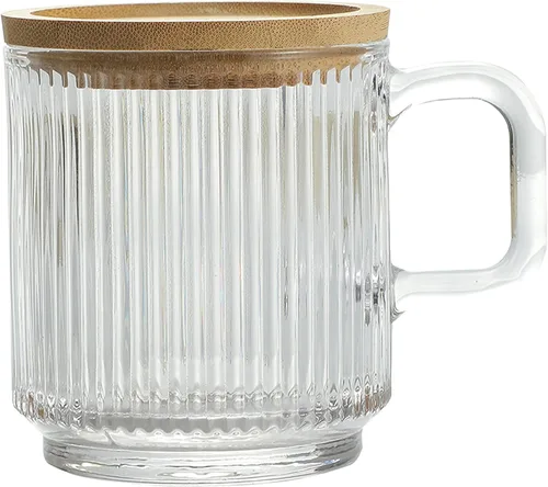 Miniatura 11 de Lysenn - Taza de café de cristal rosa con tapa, taza de té clásica de rayas verticales de primera calidad para Latte Té Chocolate Jugo Agua - Sin