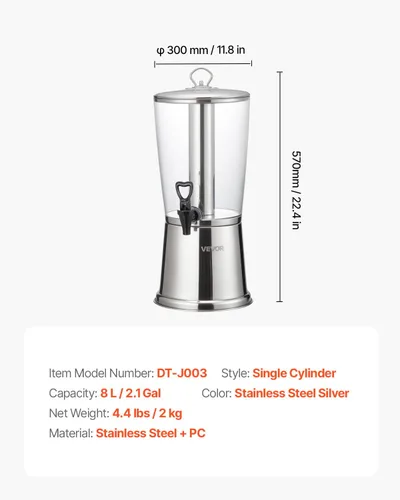 Miniatura 7 de VEVOR Dispensador de bebidas, dispensador de bebidas de 2.1 galones para fiestas, dispensador de jugo de acero inoxidable + plástico con cámara