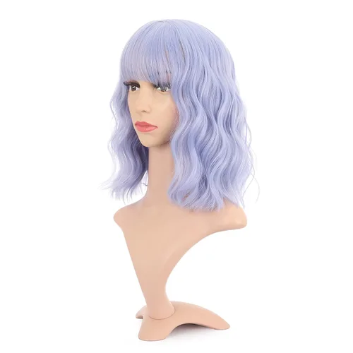 Miniatura 29 de VCKOVCKO Peluca natural ondulada rosa pastel, pelucas coloridas con flequillo de aire, pelucas cortas estilo Bob para mujer, pelucas largas hasta