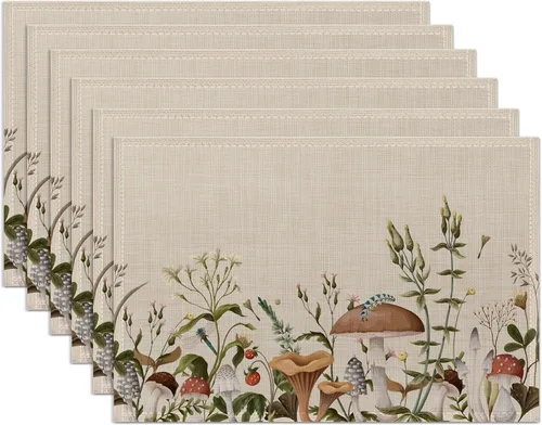 Juego de 6 manteles individuales de plantas de hongos, lavables, resistentes al calor, de 12 x 18 pulgadas, manteles individuales de lino para