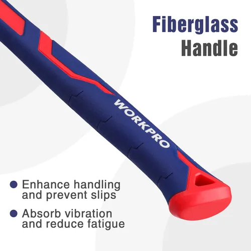 Miniatura 5 de WORKPRO Martillo de garra de 16 onzas con mango de fibra de vidrio, martillo de uso general con cabeza de acero endurecido forjado Azul y rojo