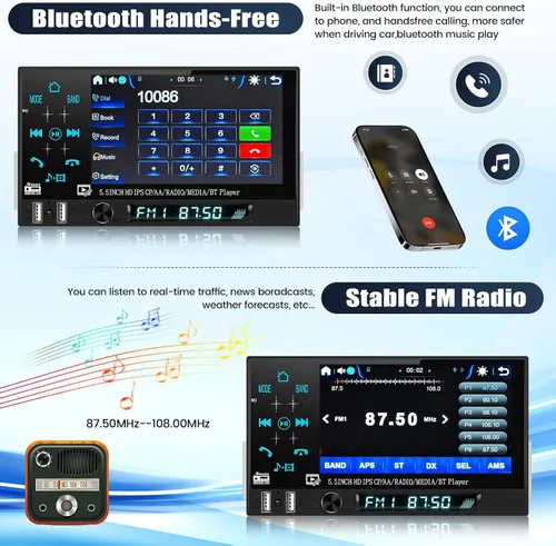 Miniatura 3 de Estéreo de coche de un solo DIN con Carplay inalámbrico y Android Auto, 5.5 "1 DIN pantalla táctil Radio de coche con Bluetooth FM Radio espejo