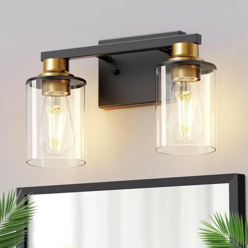 Miniatura 49 de DORESshop Lámparas de baño, 3 luces negras y doradas para baño sobre espejo con pantalla de vidrio transparente, luces de tocador para baño, Negro