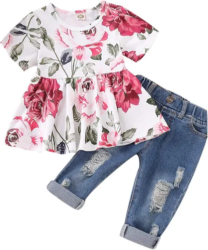 SANMIO Conjunto de ropa para niña, lindo conjunto de camiseta floral de manga con volantes y pantalones de mezclilla rasgados