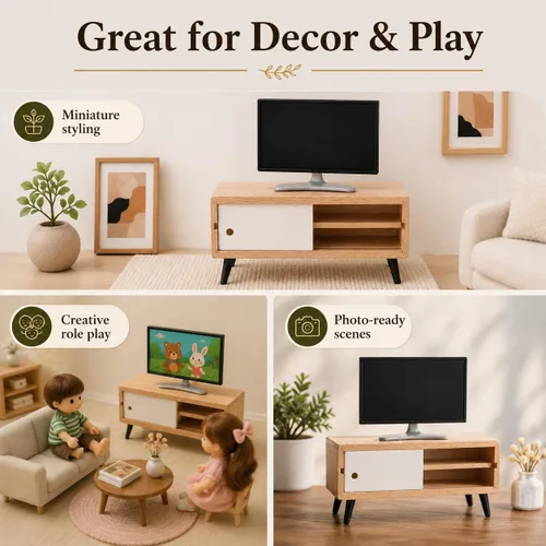 Miniatura 6 de NUOBESTY Mueble de TV y madera para casa de muñecas, monitor de juguete realista a escala 1/12, soporte de TV en miniatura moderno para casa