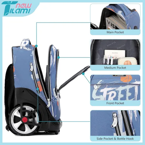 Miniatura 32 de NEW TILAMI Mochila con ruedas de 19 pulgadas con bolsa de almuerzo para niñas y niños, mochila para laptop con ruedas, bolsa de mano duradera
