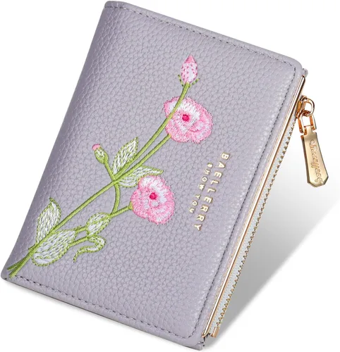 Miniatura 8 de Billetera pequeña para mujer, doble bordado, con flores, bloqueo RFID, piel sintética, con bolsillo con cremallera para mujeres y niñas (negro)