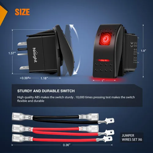 Miniatura 2 de Nilight - Interruptores basculantes de 6 unidades con calcomanías de brillo nocturno, 5 pines SPST, con retroiluminación roja de 12V/24V, para Rojo