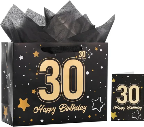 Powbrace Bolsa de regalo de cumpleaños número 30 negra de 13 pulgadas con papel de seda y tarjeta de felicitación para fiestas, bolsa de regalo de