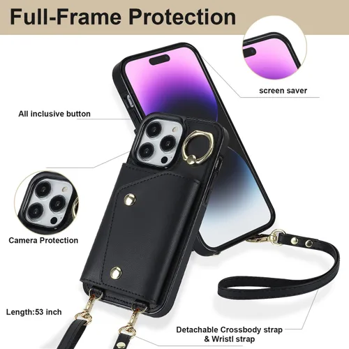 Miniatura 2 de LUVI Funda para iPhone 11 Pro Max con correa para el cuello, correa cruzada, correa de muñeca, funda protectora con ranura para tarjeta de crédito