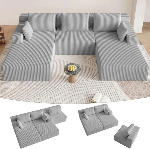 Miniatura 53 de Sofá modular de 95 pulgadas con otomana, moderno sofá nube de pana con asiento profundo, sofá sin hueso tapizado de 3 plazas en forma de U para sala