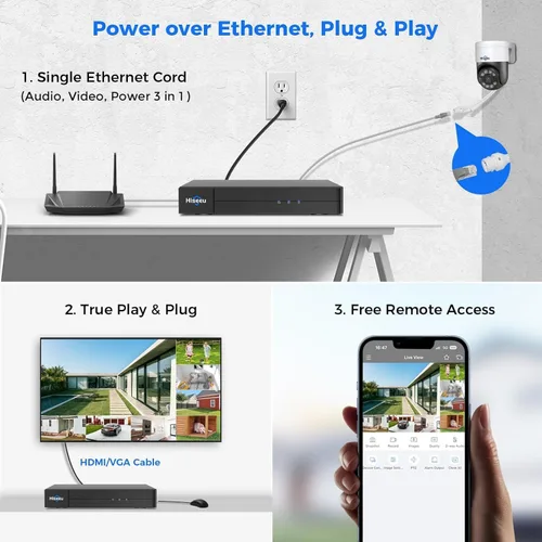 Miniatura 7 de Seguimiento humano + inclinación de 90° de giro de 300°: sistema de cámara de seguridad Hiseeu 4K PoE, sistema de cámara de seguridad NVR con cable