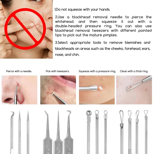 Miniatura 6 de 8 piezas de agujas de acné de acero inoxidable para eliminar puntos negros, pinzas de limpieza de acné, kit de herramientas para reventar espinillas