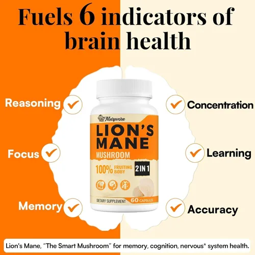 Miniatura 2 de Suplementos cerebrales de potencia 50X para memoria y concentración, cápsulas de suplemento de melena de león de 1400 mg Suplemento cerebral