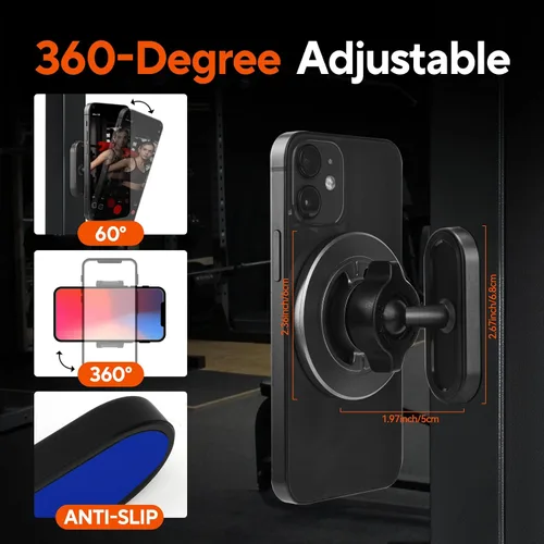 Miniatura 4 de Soporte magnético para teléfono de gimnasio con base magnética para fijar a una superficie de metal, soporte giratorio de 360° para teléfono
