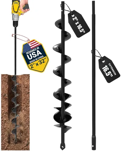 Broca de taladro para plantar 2 x 32 pulgadas, con extensión, maceta de agujero en espiral para bombillas, postes de valla y agujeros para paraguas,