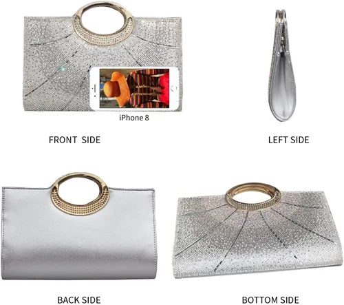 Miniatura 4 de GESU Bolso de mano para mujer, bolso de noche con diamantes de imitación de cristal, para boda, fiesta, cóctel, color plateado, grande