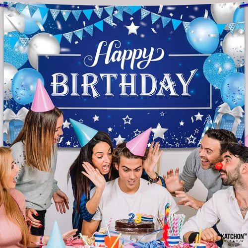 Miniatura 3 de KatchOn, Cartel grande de feliz cumpleaños plateado y azul - 72 x 44 pulgadas Cartel de pared de feliz cumpleaños para hombres Telón de fondo
