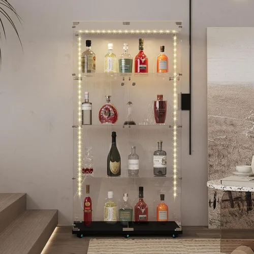 Miniatura 18 de Vitrina de cristal con 4 estantes con tira de luces LED y cerradura, vitrina de vitrina con ruedas y 1 puerta, vitrina de vidrio templado para sala