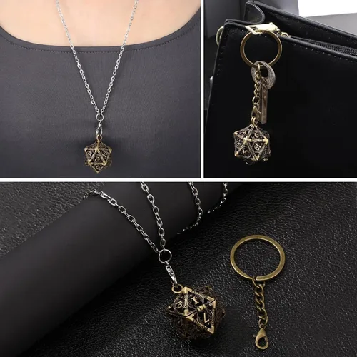 Miniatura 6 de Syhood Juego de dados pequeños, 7 piezas de dados pequeños de metal hueco D20, estuche para collar, llavero, juegos de mesa para juegos de rol