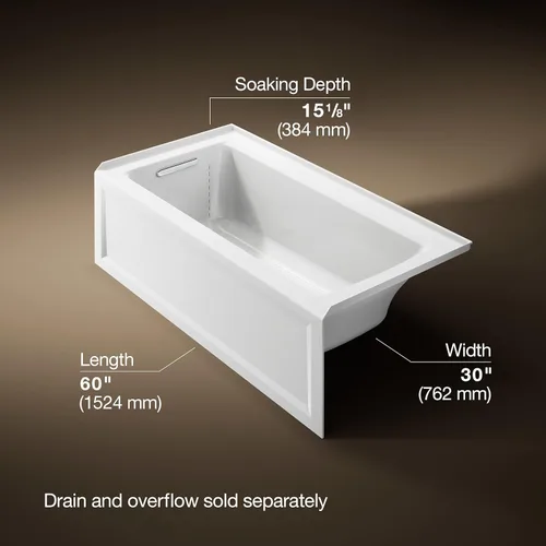 Miniatura 3 de Kohler 1946-LA-0 Archer 60" x 30" baño alcobólico, drenaje izquierdo, Blanco