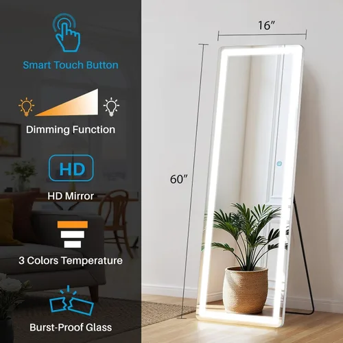 Miniatura 2 de NEWBULIG - Espejo de longitud completa con soporte de 16"×60", LED con iluminación de 3 colores, para dormitorio, cuerpo colgante, decoración