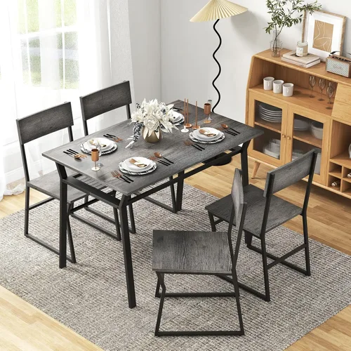 Miniatura 8 de GOFLAME Juego de mesa de comedor de 5 piezas, juego de comedor para 4 personas con marco de metal resistente, estante de almacenamiento, mesa