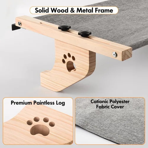 Miniatura 5 de AMOSIJOY Percha de Ventana para Gatos Hamaca de Ventana para Gatos con Marco de Madera y Metal para Gatos Grandes, Fácil de Ajustar Cama de Gato Gris