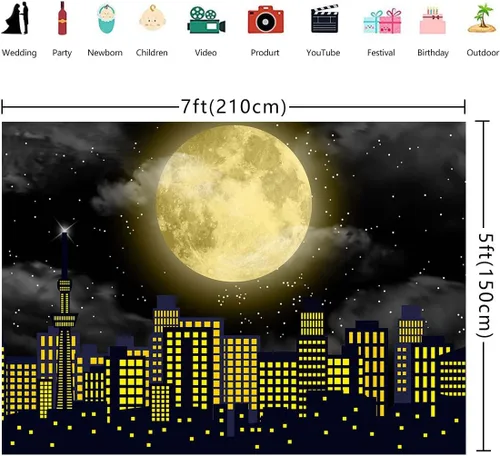 Miniatura 6 de Telón de fondo de superhéroe de Super City para fotografía, 7 x 5 pies, color amarillo, luna llena, horizonte, paisaje urbano, fondo de foto, baby