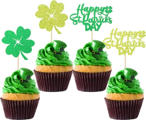 Miniatura 7 de Gyufise Paquete de 24 adornos para cupcakes del Día de San Patricio Lucky Oh Baby con decoraciones de cuatro hojas para pastel de baby shower de San