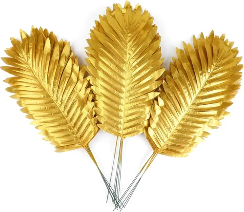 Miniatura 13 de CCINEE 24 piezas de hojas de palma artificiales doradas, 3 tamaños, hojas falsas de Monstera, simulación de hojas de safari con tallos