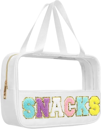 Miniatura 16 de BuyCard Bolsas de Viaje Transparentes con Parche de Letra de Chenilla, Bolsa de Maquillaje Preppy de PVC y Nylon con Asa y Cremallera, Bolsa