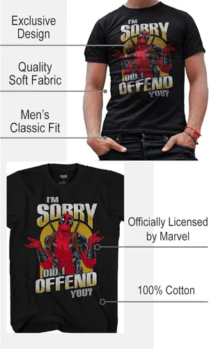 Miniatura 3 de Marvel Deadpool Sorry Did I Offend - Camiseta gráfica para adultos, Carbón, negro.