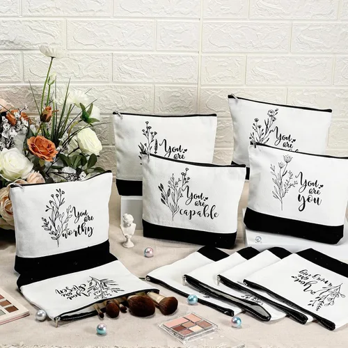 Miniatura 4 de Coume 10 Piezas Bolsas de Maquillaje de Lona de Flores Bohemias al Por Mayor, Bolsas de Cosméticos con Citas Inspiradoras Estéticas en Blanco