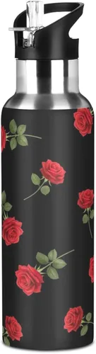 Miniatura 8 de Red Roses Green Leaves Black Insulated Water Bottle 32 Oz, BPA-Free Sports Water Bottle with Straw Leakproof Water Bottles