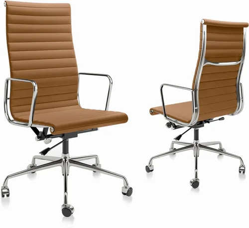 Miniatura 17 de Silla de oficina acanalada con cuero de grano superior, silla de escritorio ergonómica con respaldo alto con brazos y marco de aluminio, ruedas
