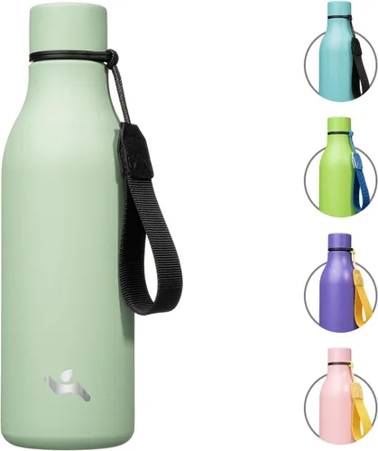 Miniatura 22 de Konokyo Botella de agua aislada con correa, botella de agua de acero inoxidable de 18 onzas de doble pared con aislamiento al vacío, frasco de Verde