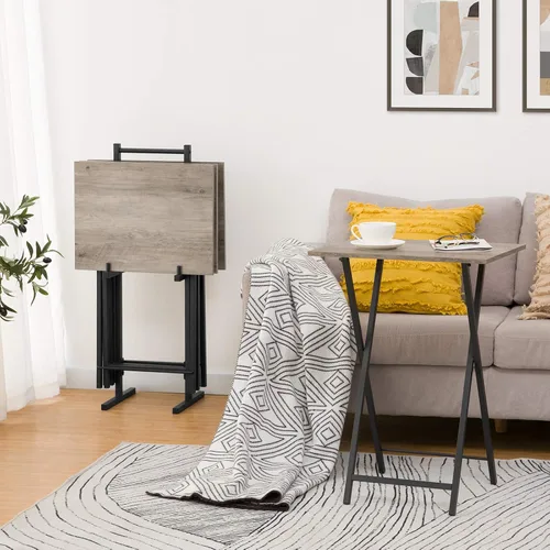 Miniatura 4 de HOOBRO Mesas Plegables para TV, Juego de 4 Bandejas de TV con Estante de Almacenamiento, Mesa Auxiliar Industrial para Comer en el Sofá, Mesa