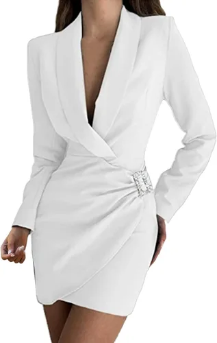 Vestido casual tipo chaqueta tipo blazer para mujer sexy cuello en V profundo mini vestido ajustado de manga larga color liso elegante vestido de