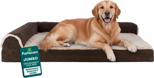 Miniatura 16 de Furhaven - Cama ortopédica de espuma para perros, de piel sintética y gamuza, en forma de L, en dos tonos estilo caja de huevos, color gris piedra