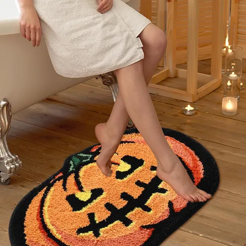 Miniatura 5 de Alfombra de baño de calabaza de Halloween de 20 x 32 pulgadas, suave y absorbente, alfombra de baño de otoño, antideslizante, lavable, decoración