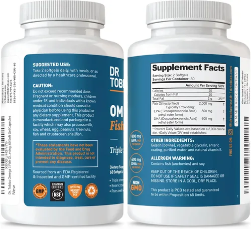 Miniatura 6 de Dr. Tobias Omega 3 Aceite de Pescado, 2000 mg Fuerza Triple con 800 mg EPA 600 mg DHA Por Porción, Suplementos de Aceite de Pescado Omega 3