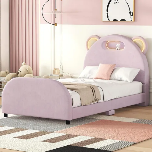 Miniatura 28 de Cama de plataforma tapizada de tamaño individual con cabecero en forma de oso y rayas de luz incrustadas, bonito marco de cama de plataforma
